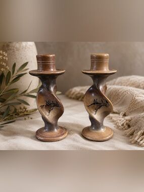 BESMO Hand-Carved Kenyan Turned African Soapstone Twisted Candle Holders Gazelle